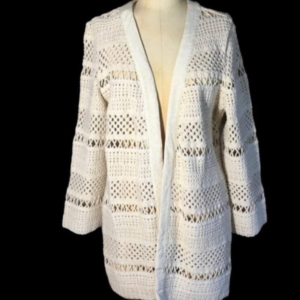 VTG 90’s Chico's Dead Stock Women's Cream Size 1 Macrame Misty Knit Cardigan EUC